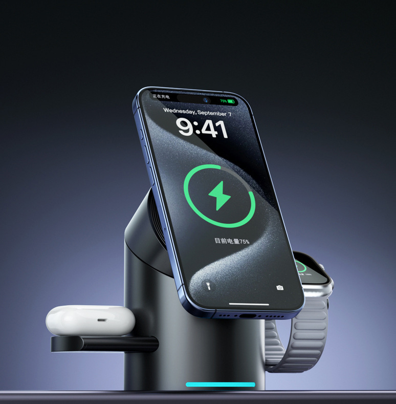(20W) 3in1 MagSafe Qi2 Wireless Charger Fast Charging Ladegerät Ladestation mit Drehfunktion - Schwarz