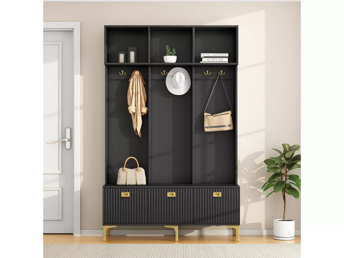 Vestiaire avec banc, 3 portes et porte-manteau - 120 x 23.5 x 191.5 - Panneau de particules - Coloris noir