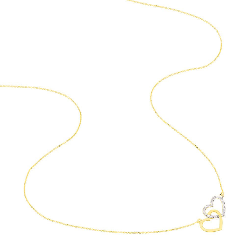 Collier Double Coeur Satines Or Bicolore