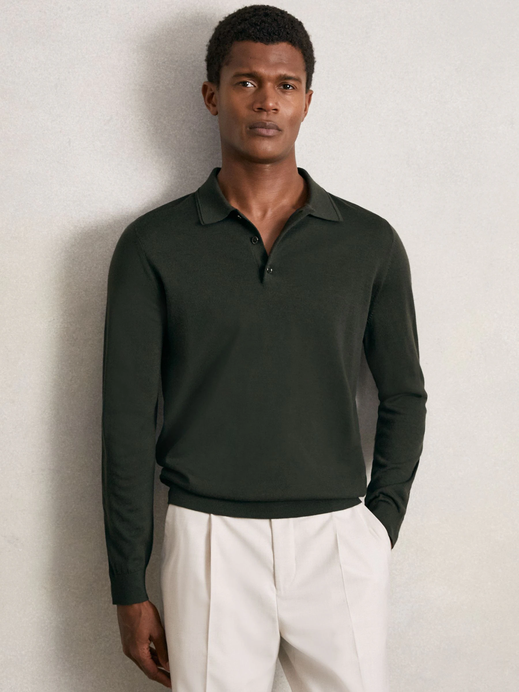 Donker legergroen - Reiss Trafford poloshirt met lange mouwen van merinowol
