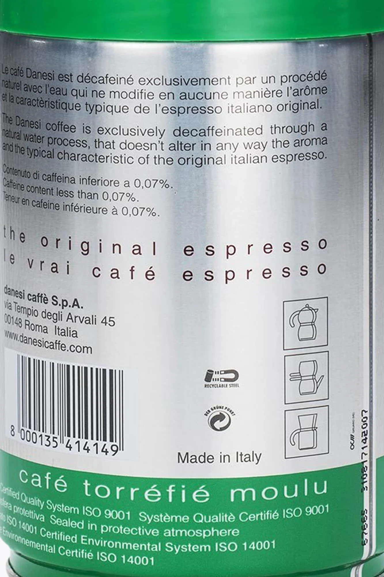 DANESI Caffè Espresso Decaffeinato gemahlen 250g Dose
