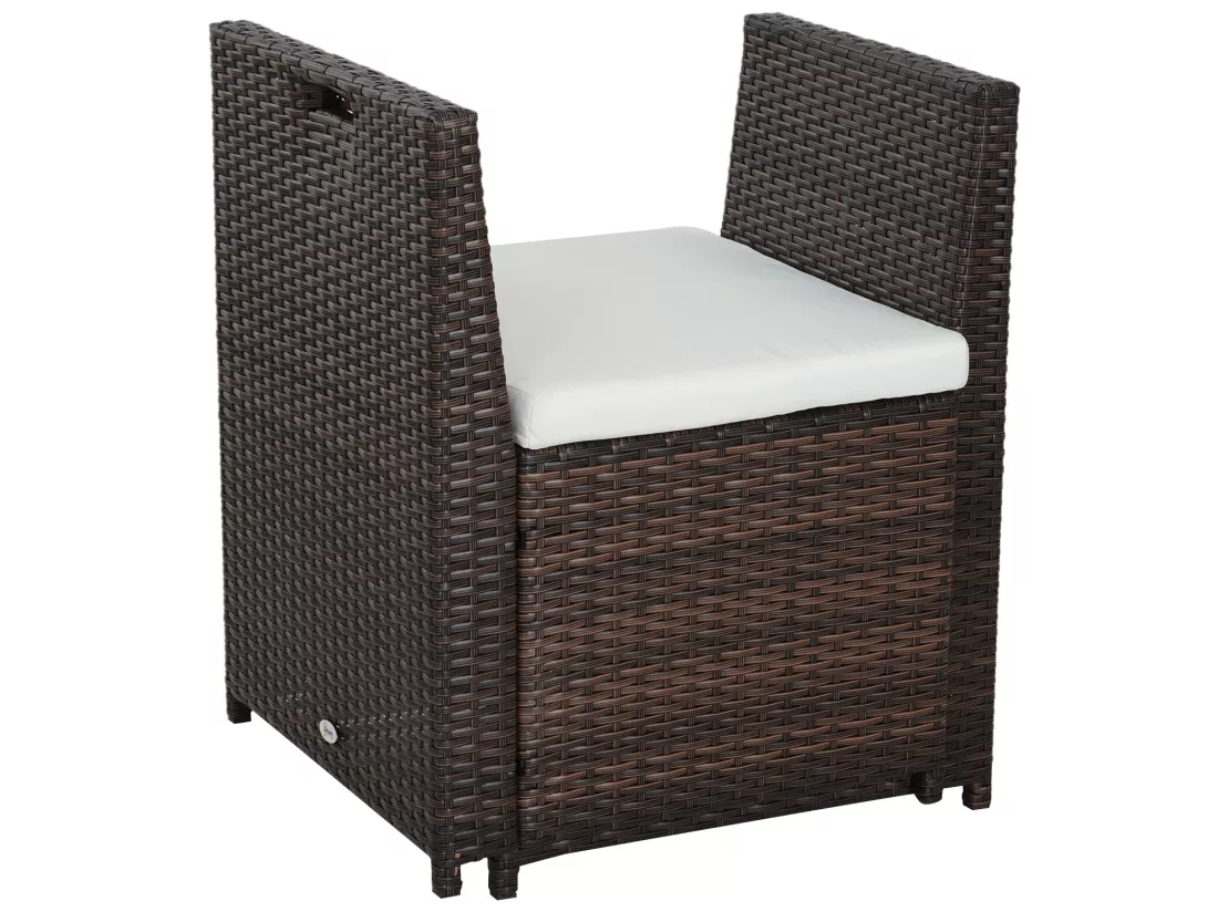 Ensemble salon de jardin encastrable 4 chaises monoblocs avec coussins déhoussables et table résine tressée chocolat