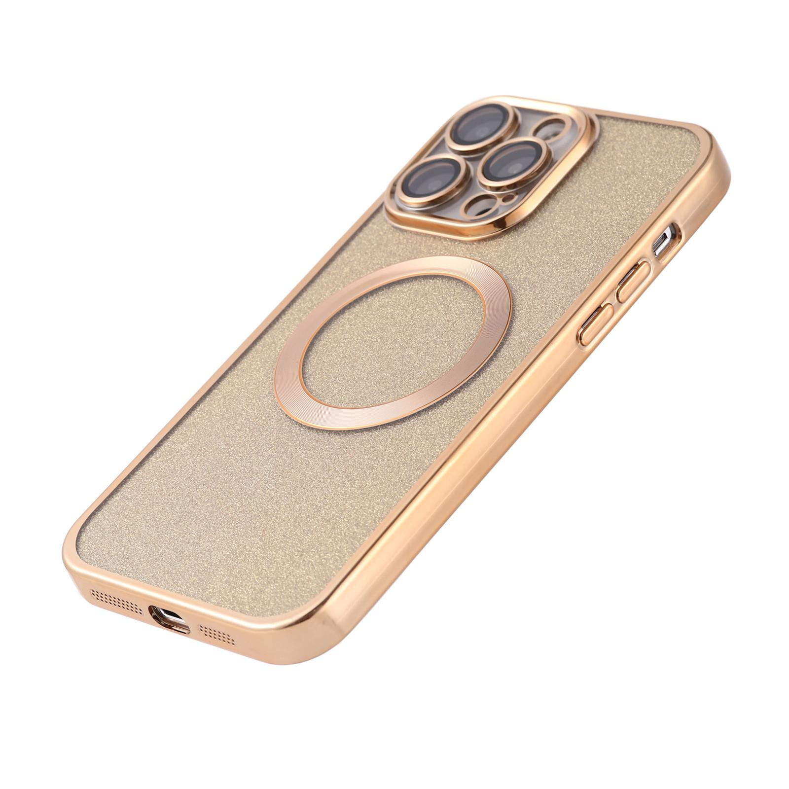 iPhone 14 Pro Max MagSafe Gummi Case Hülle mit Acryl Kameraglasschutz im Glitzer Design - Gold / Transparent