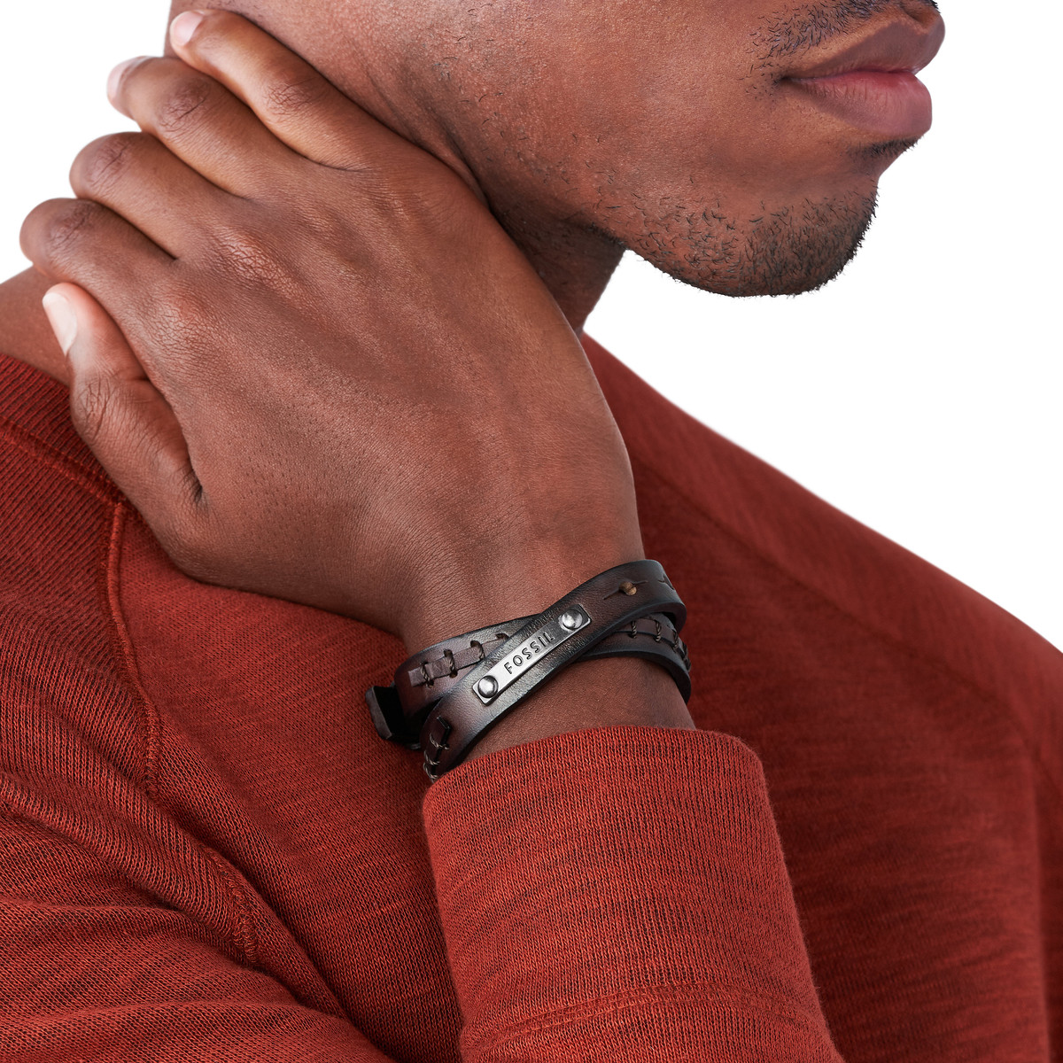 Bracelet FOSSIL acier cuir marron
