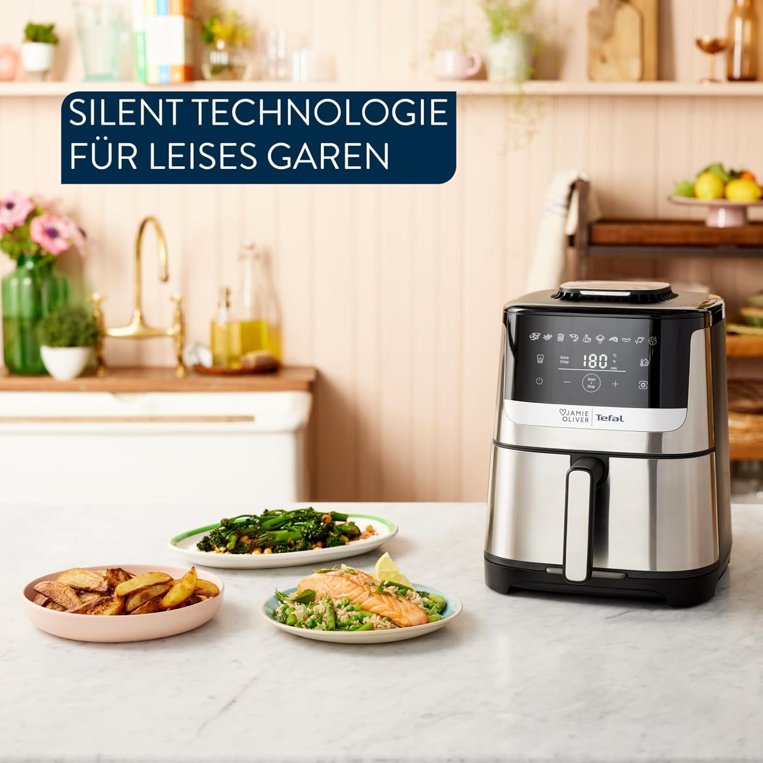 Jamie Oliver by Tefal Easy Fry Silence Deluxe Heißluftfritteuse, sehr leise, 10 voreingestellte Programme, digitaler Touchscreen, 5 l, inkl. Druckguss-Gitterrost + Deckel, Schwarz/Edelstahl, EY55JDE0