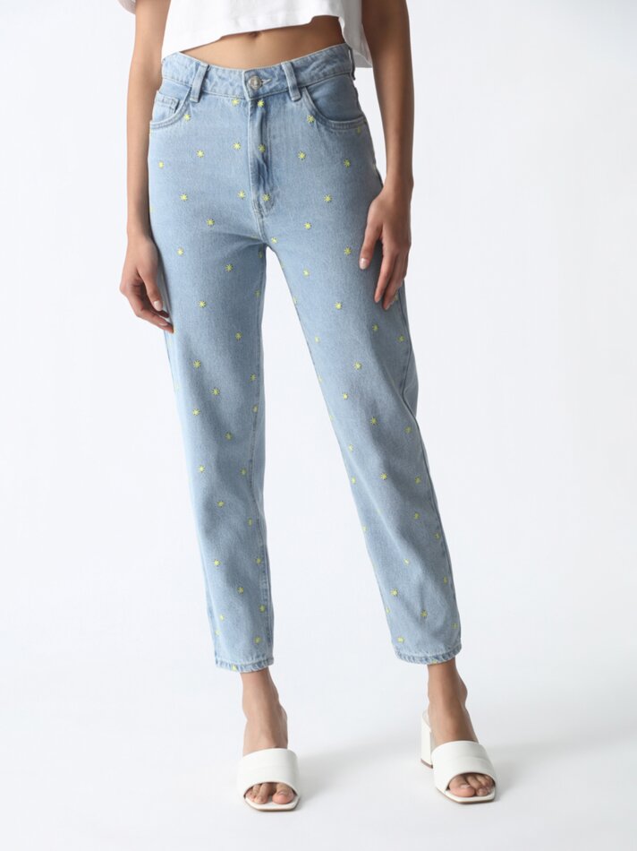 Calça jeans Mom Fit bordada - Turquesa Médio