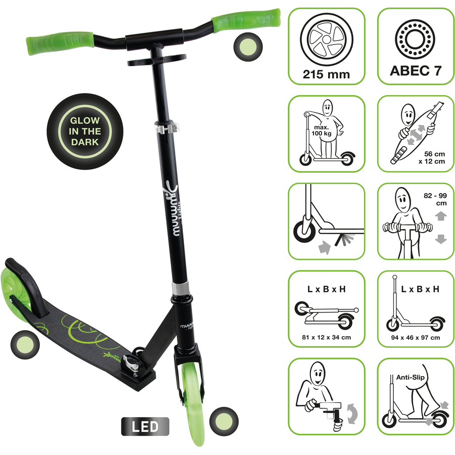 muuwmi Lights Aluminium Scooter GLOW 215 mm, mit Leuchtrollen und Glow-Effekt