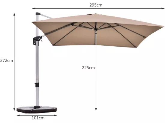 Parasol Déporté Carré 3M avec Base en Croix Poteau en Aluminium Rotatif à 360° Manivelle Inclinable 8 Baleines Brun
