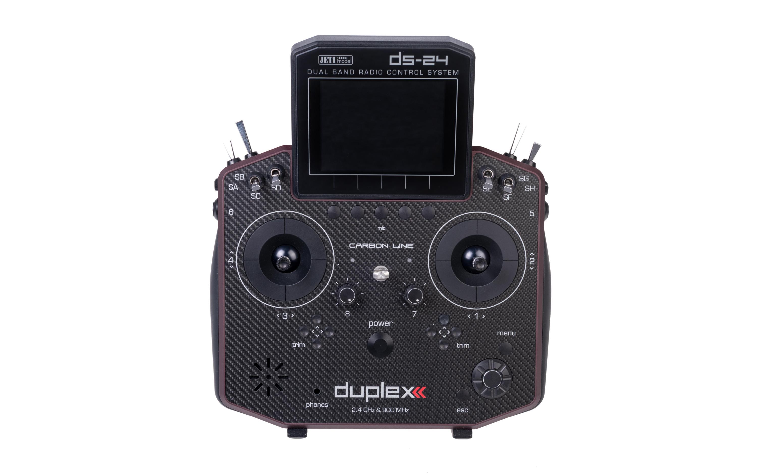 Fernsteuerung DS-24 Carbon Line Dark Red 24 Kanal, Duplex EX<br>Professioneller 24-Kanal Sender mit Geber auf Rückseite und Carbon-Frontplatte