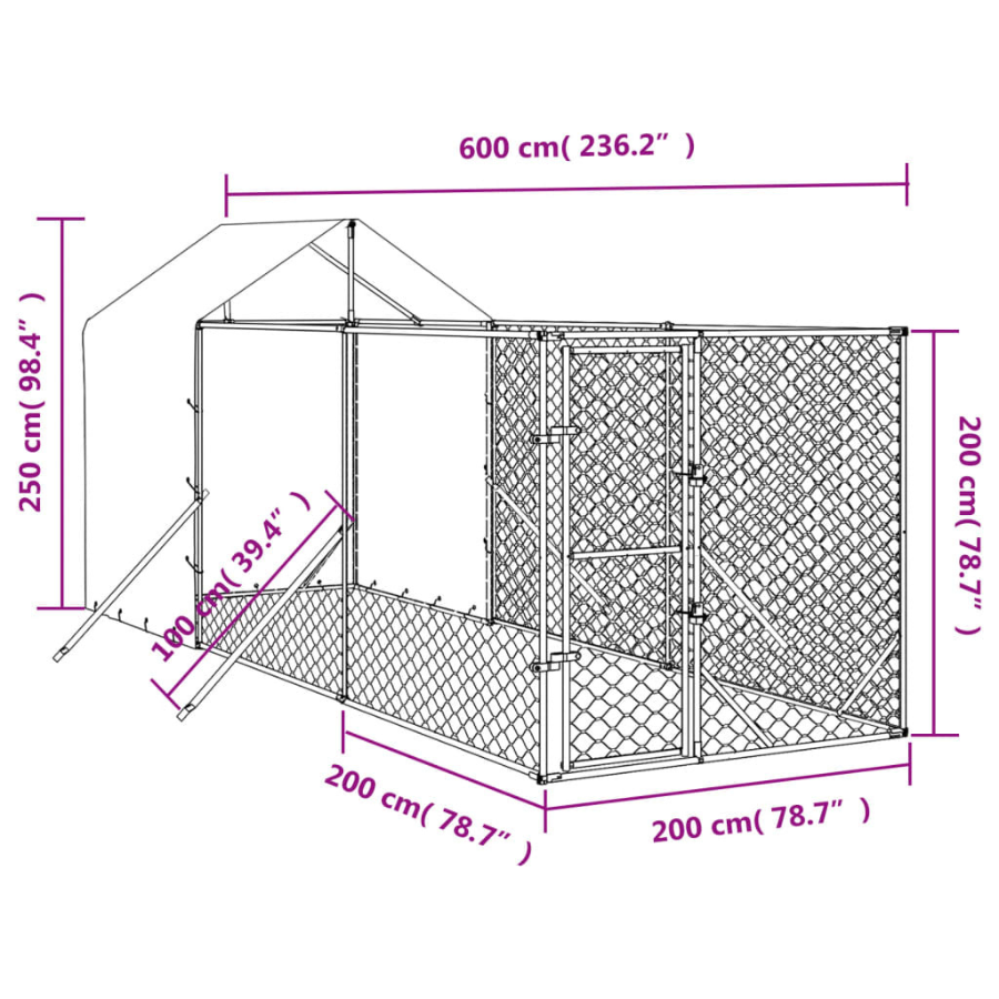 Canil externo para cães vidaXL com cobertura, aço galvanizado, prata, 2x10x2,5m