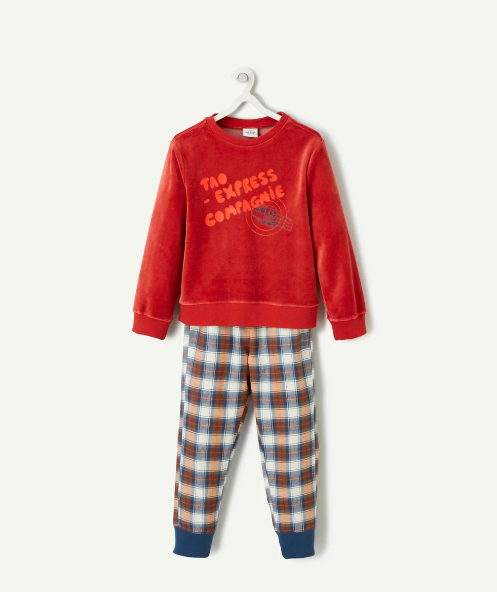 PYJAMA EN VELOURS GARÇON ROUGE ET BLEU THÈME TRAIN