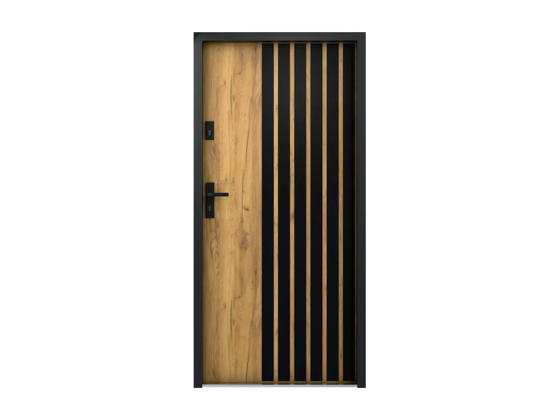 Porte d'entrée pleine en acier H207 x L100 cm - Effet chêne avec rayures noires - poussant droit - COBRITA