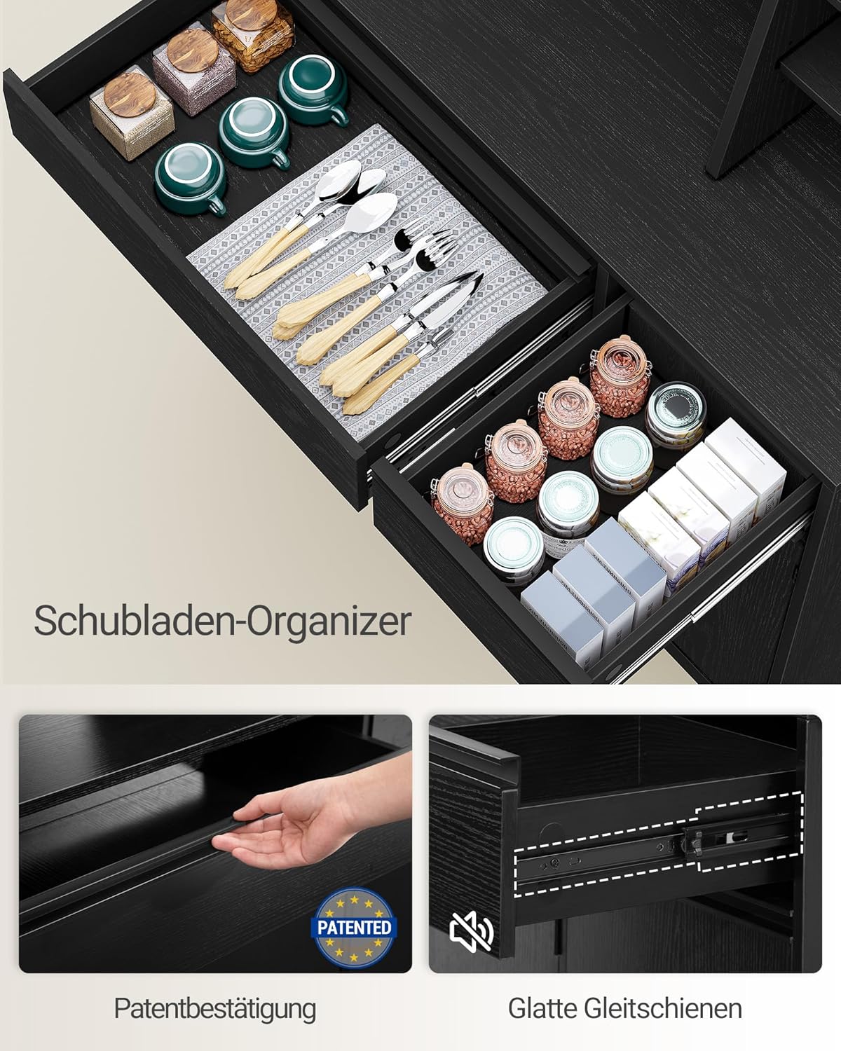 Hzuaneri küchenschrank, Buffetschrank, Hochschrank mit Steckdosen und Led-Lichtleisten, mit Arbeitsplatten und Zwei Schubladen, Verstellbare Einlegeböden, Küche, 40 X 100 X 180 cm, Schwarz PT00104XEU