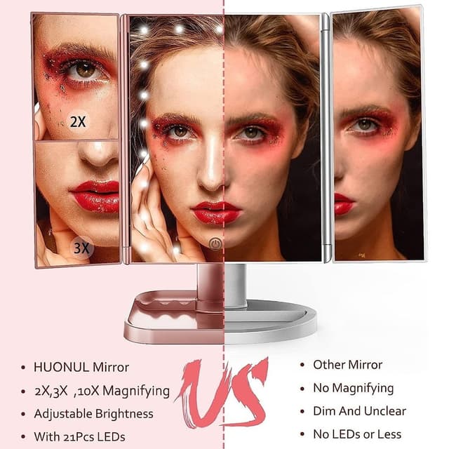 3-sidet sammenfoldelig makeup spejl, der kan dæmpes lys 22LED bordspejl