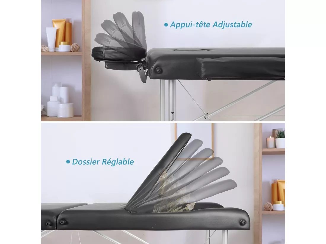 Table de massage Canapé Pliante Aluminium 3 Zones Lit Professionnel Cosmétique Esthetique Hauteur Réglable avec Housse de Transport - Noir