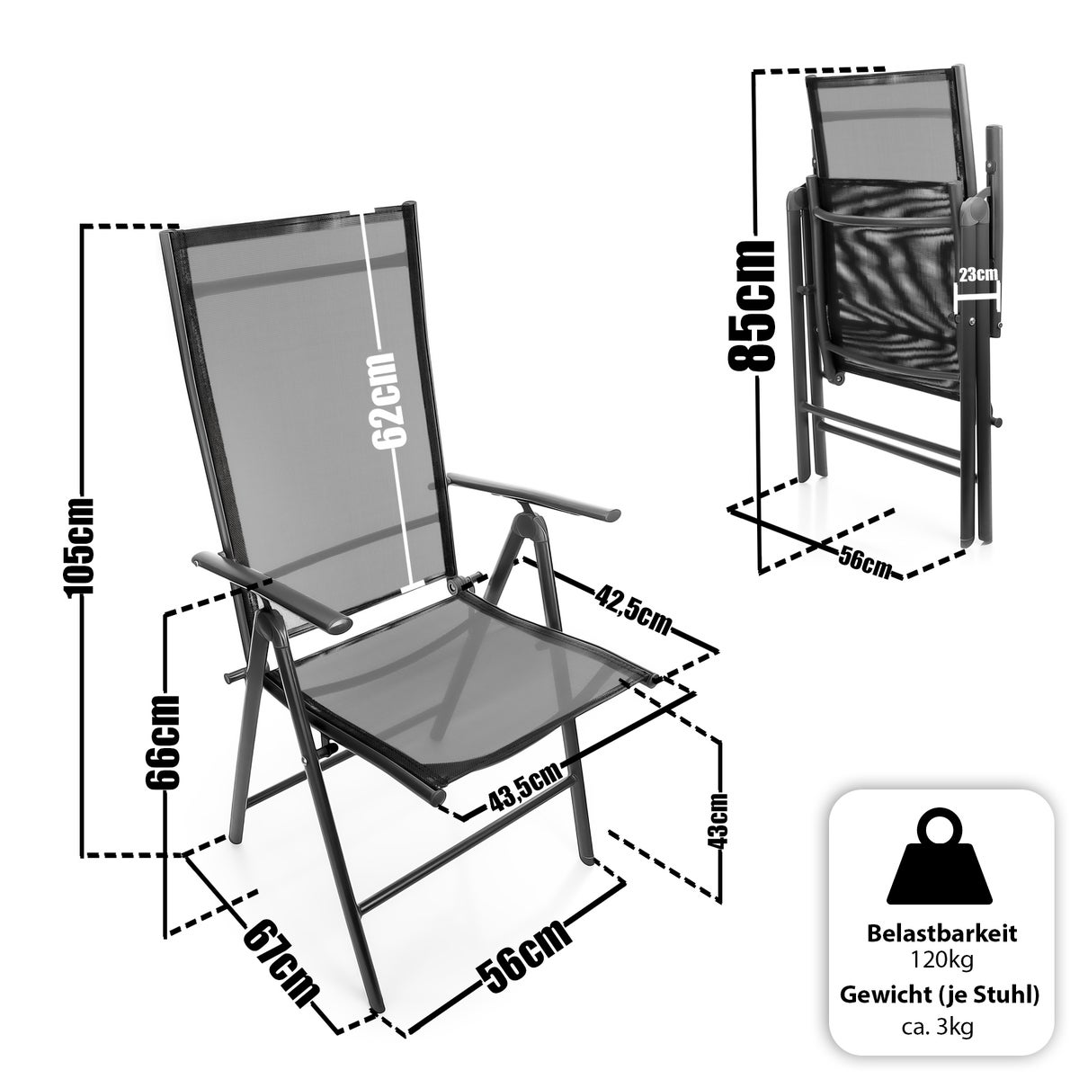 BigDean 2-delige tuinstoelen, donkergrijs, draagvermogen 120 kg - balkonstoelen, tuinstoel - opvouwbare stoel met 7-voudig verstelbare rugleuning - hoogwaardige kampeerstoel voor balkon, tuin en terras