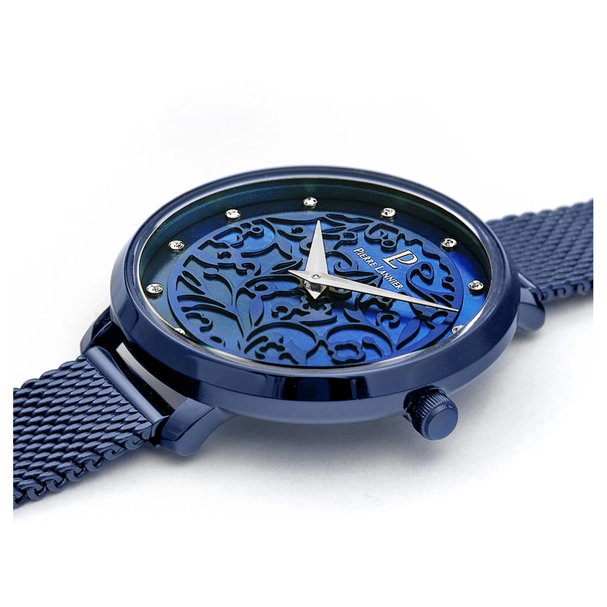 Montre Pierre Lannier femme acier doré rose bracelet acier bleu maille milanaise