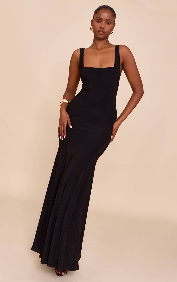 Noir Robe Longue À Double Épaisseur Col Rond Toucher Doux