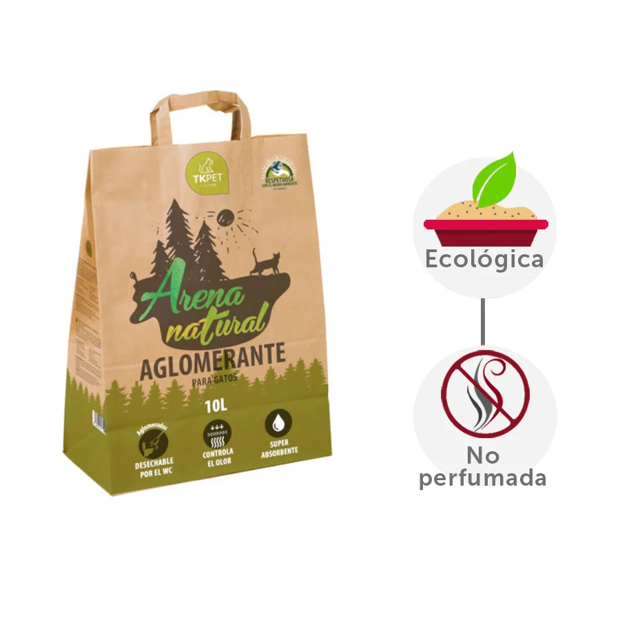 Areia aglomerante natural para gatos TK-Pet, 10 litros.