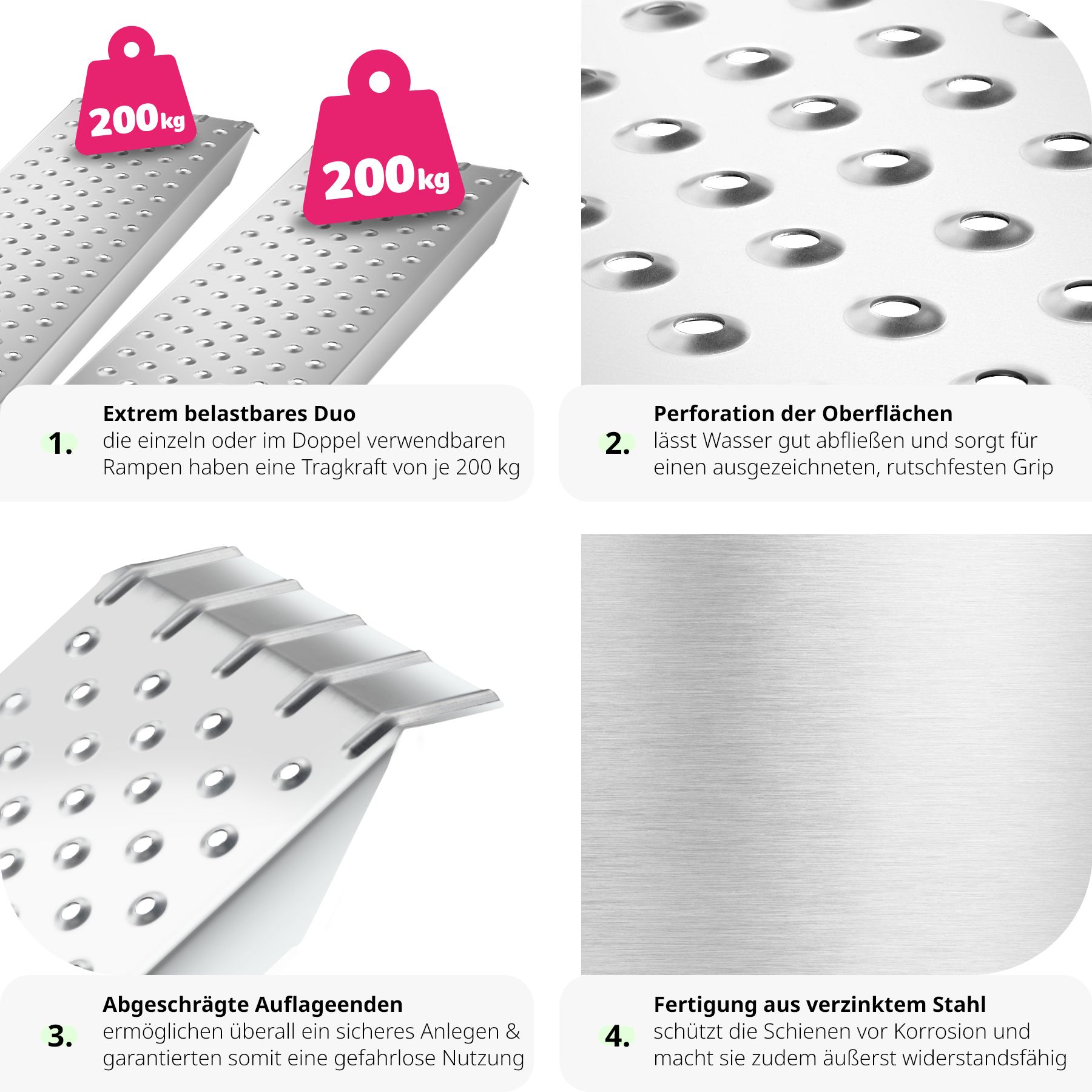 tectake® Auffahrrampen, 2er Set, rutschfeste, perforierte Oberfläche, 160 x 23 x 4,5 cm