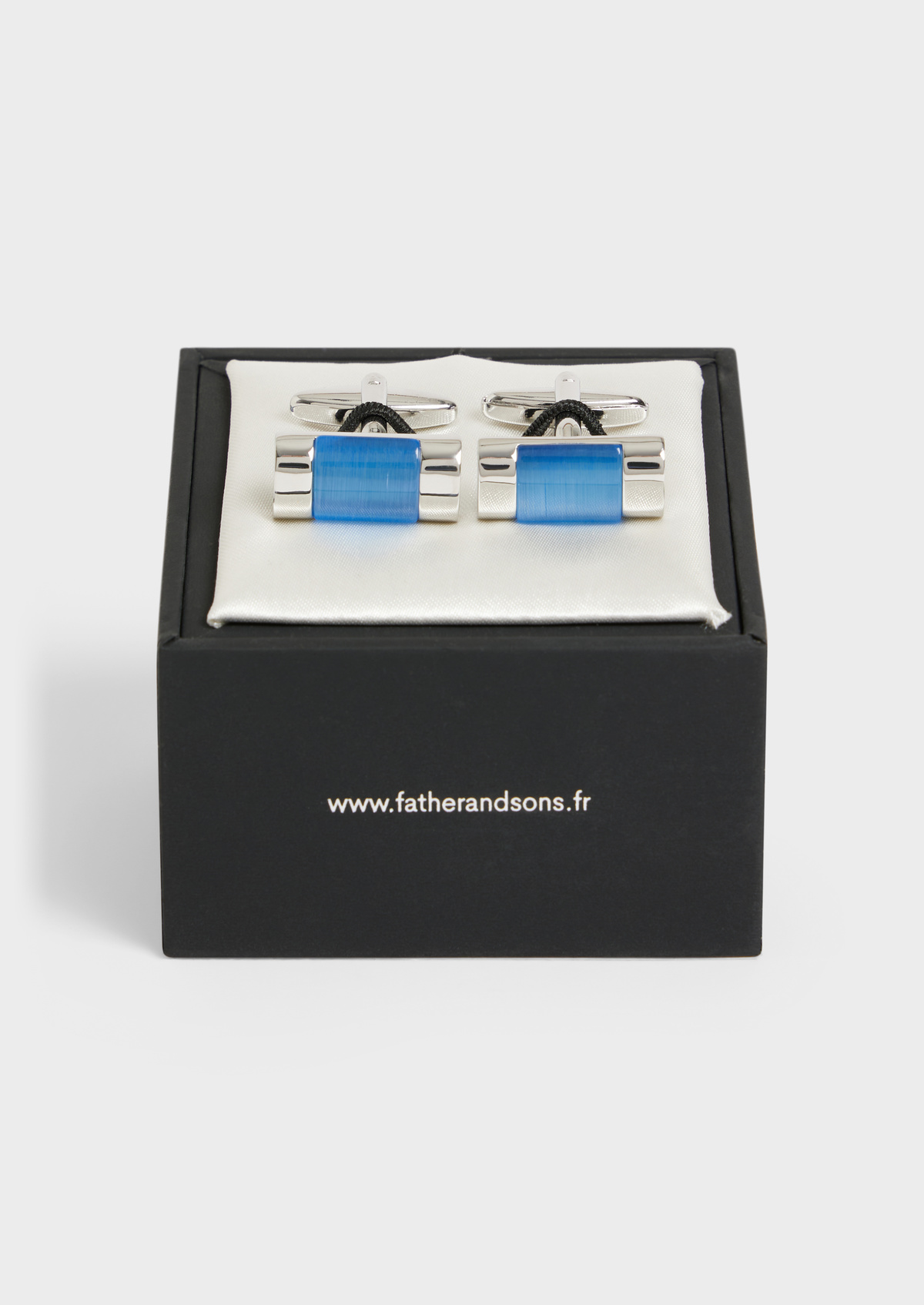 Boutons de manchettes rectangles argent avec pierres bleu ciel