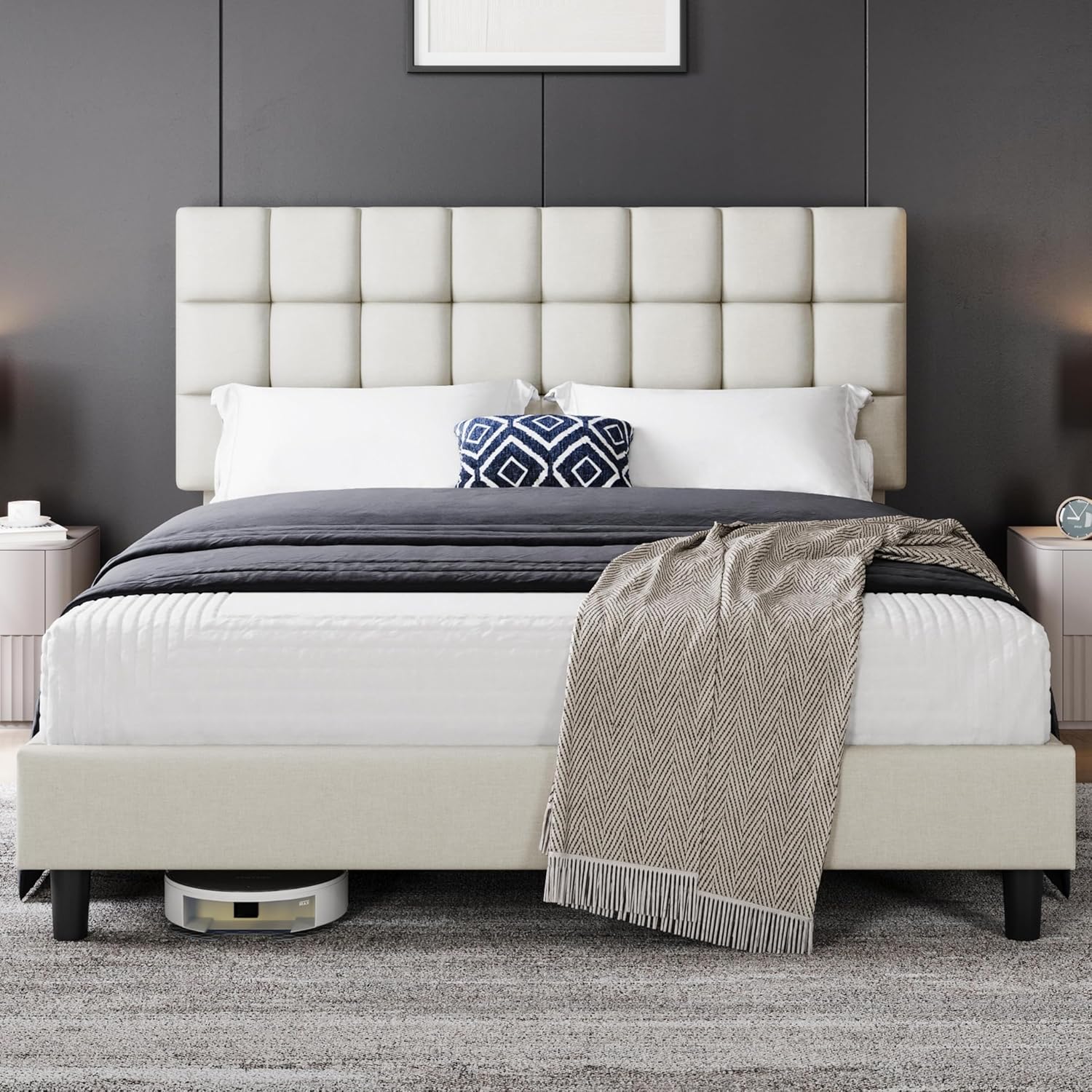 Yaheetech Polsterbett 160 x 200 cm Doppelbett mit Höhenverstellbarem Kopfteil, Stabiler Bettrahmen Stoffbett mit Lattenrost, Gepolstertes Bettgestell Bett, Beige