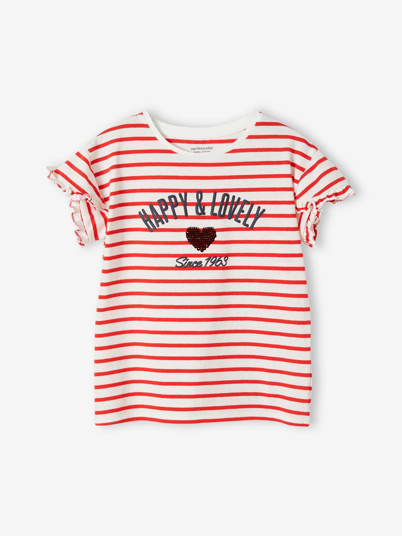 Camiseta listrada com coração e lantejoulas, para meninas, tamanho médio, listrada branca.