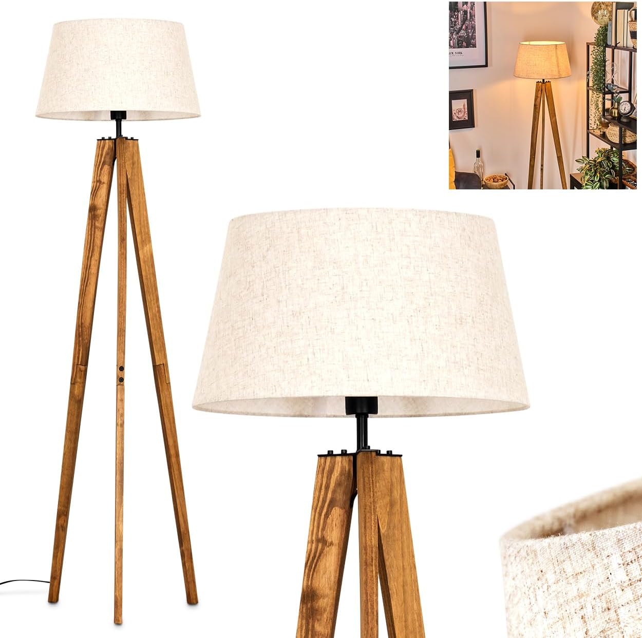 Stehleuchte Bassagoda, Stehlampe aus Holz/Metall/Stoff in Naturfarben/Schwarz/Beige, Leuchte im skandinavischen Design mit rundem Schirm (Ø 45 cm) u. Fußschalter, 159 cm, 1 x E27, ohne Leuchtmittel