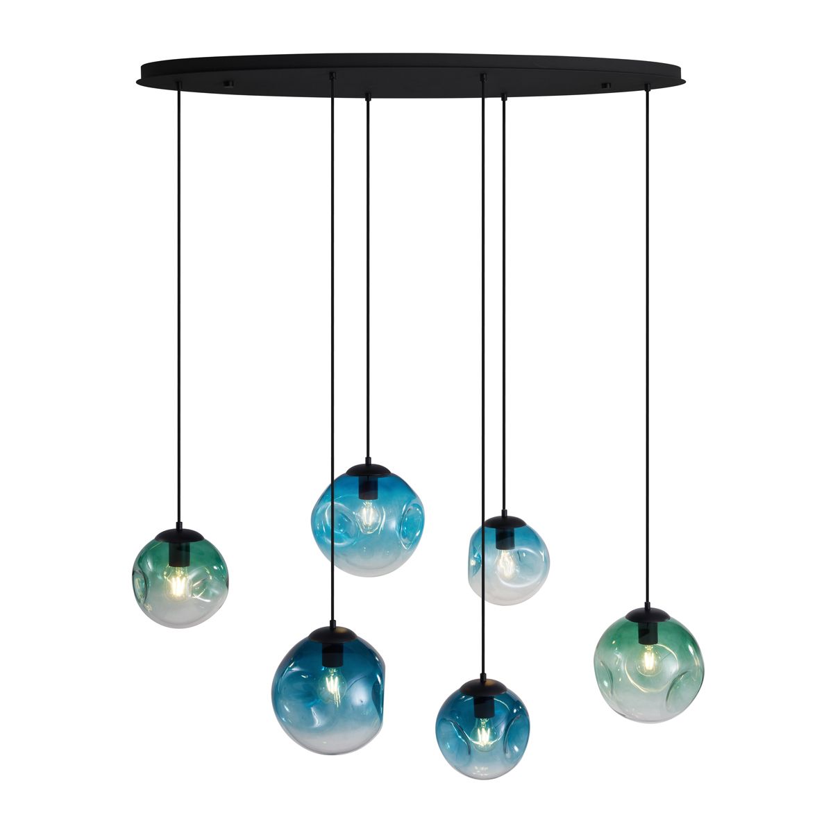 Art deco hanglamp zwart met ovale plafondplaat en groen en blauw glas 6-lichts - Douglass