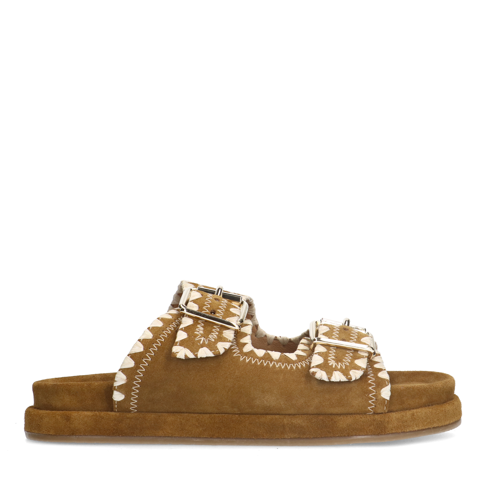 Suède cognac slippers met gesp