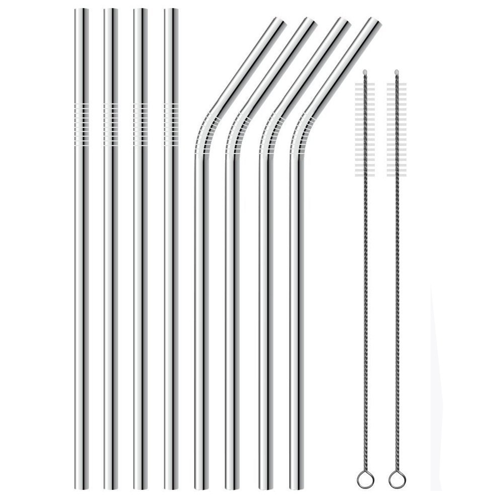 (10-tlg. Set) 21.5cm Edelstahl Strohhalm Wiederverwendbarer Trinkhalm inkl. Reinigungsbürsten   Tasche - Silber