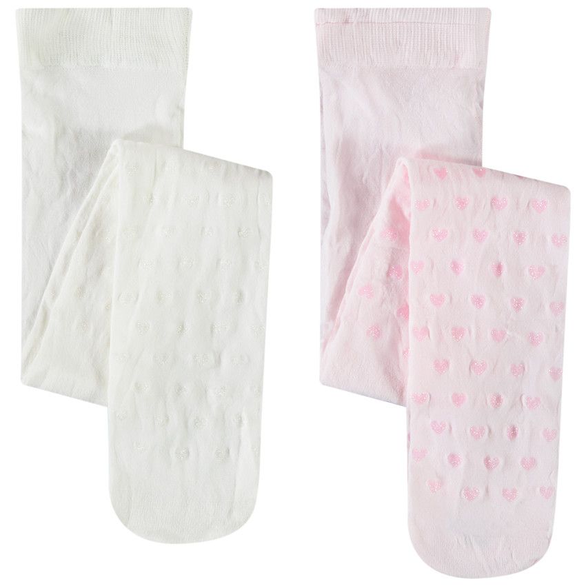 Lot de 2 collants fins motif cœurs pailletés pour bébé fille - Ecru