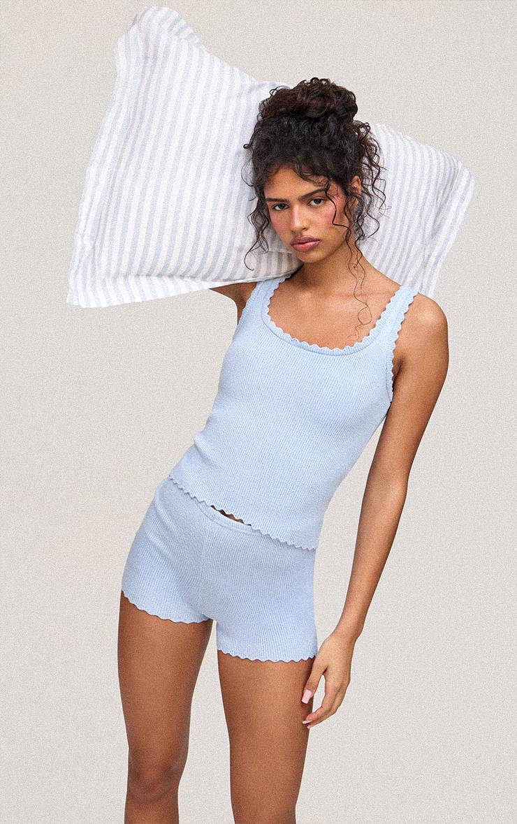 Bleu Short Taille Haute En Maille À Bord Festonné