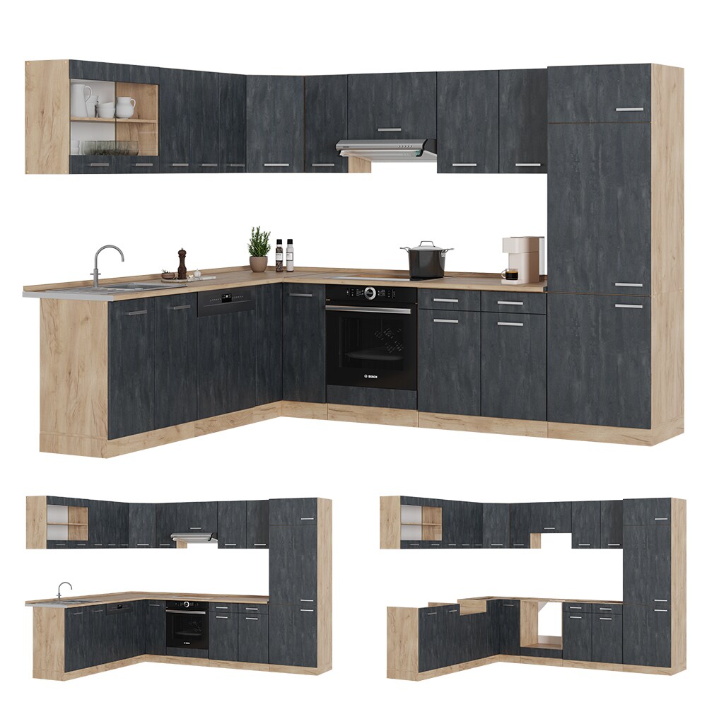 Vicco Eckküche R-Line 287x227 cm Schwarz Beton Eiche ohne Arbeitsplatte