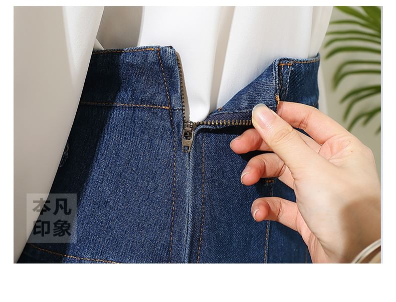 Rusutsu - Accordeon geplooide denim midi A-lijn rok met hoge taille
