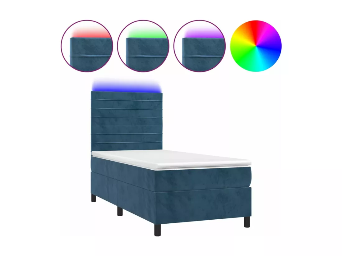 Sommier tapissier et matelas et LED Bleu foncé 90x190cm Velours
