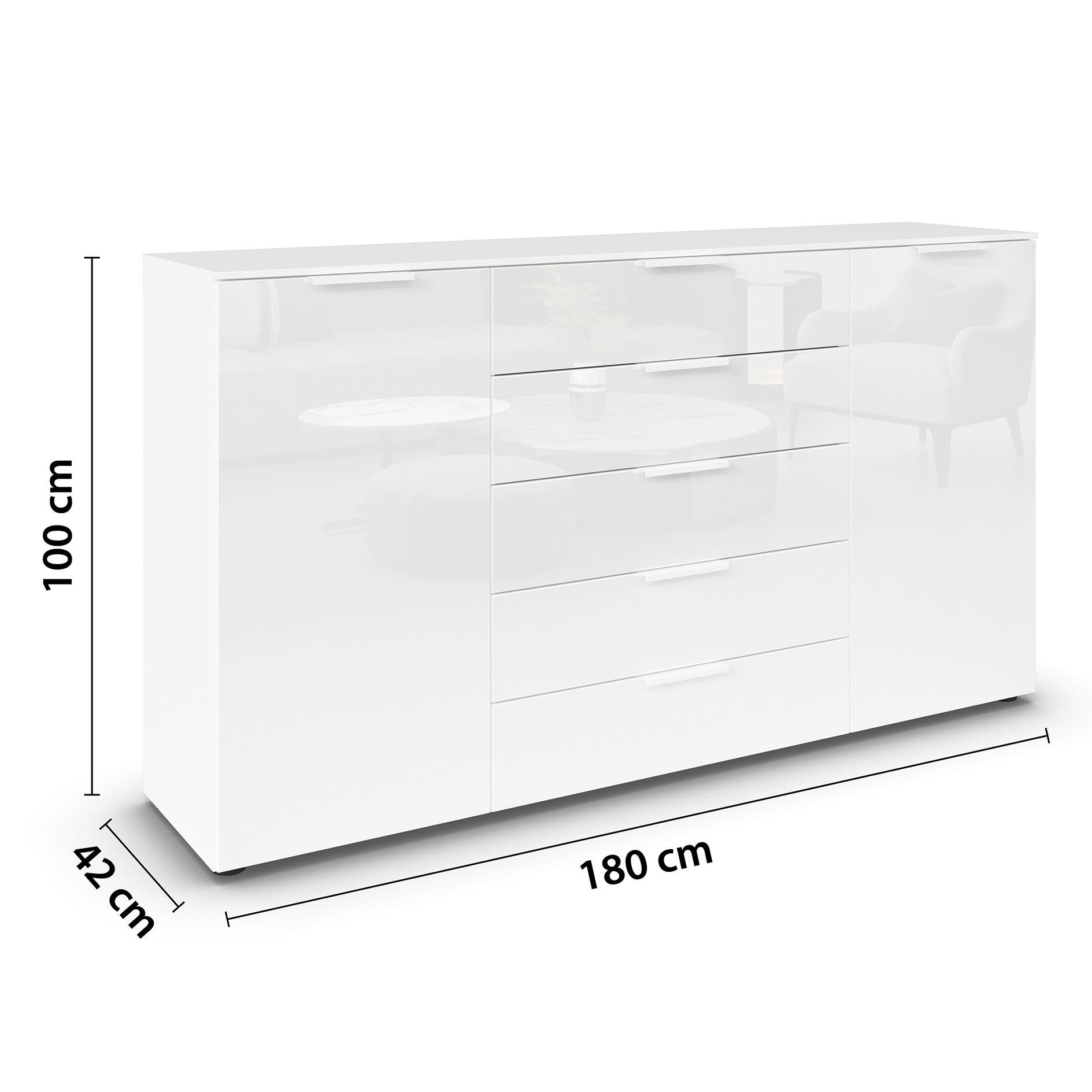 Kommode - alpinweiß-Kristallweißglas - weiße Griffe - 180 cm