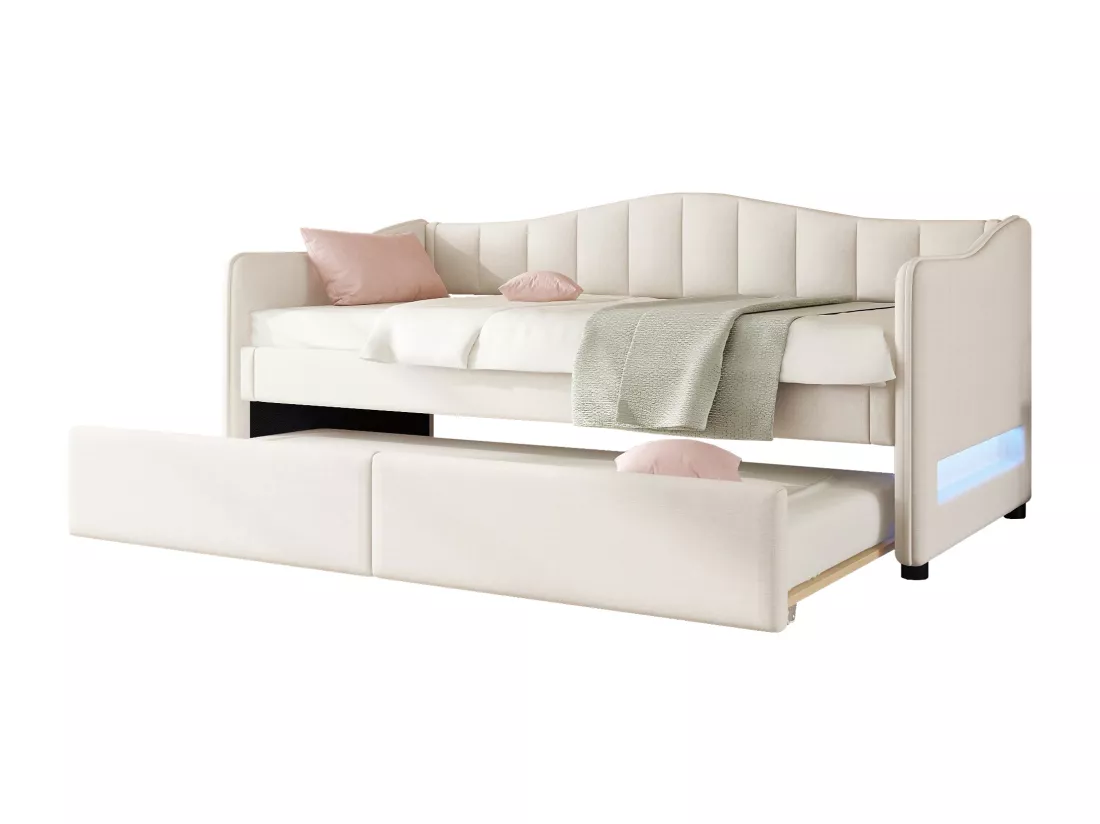 Lit banquette 90x200cm avec LED + lit gigogne 90x190cm - rembourré en tissu lin - Beige (matelas non inclus)