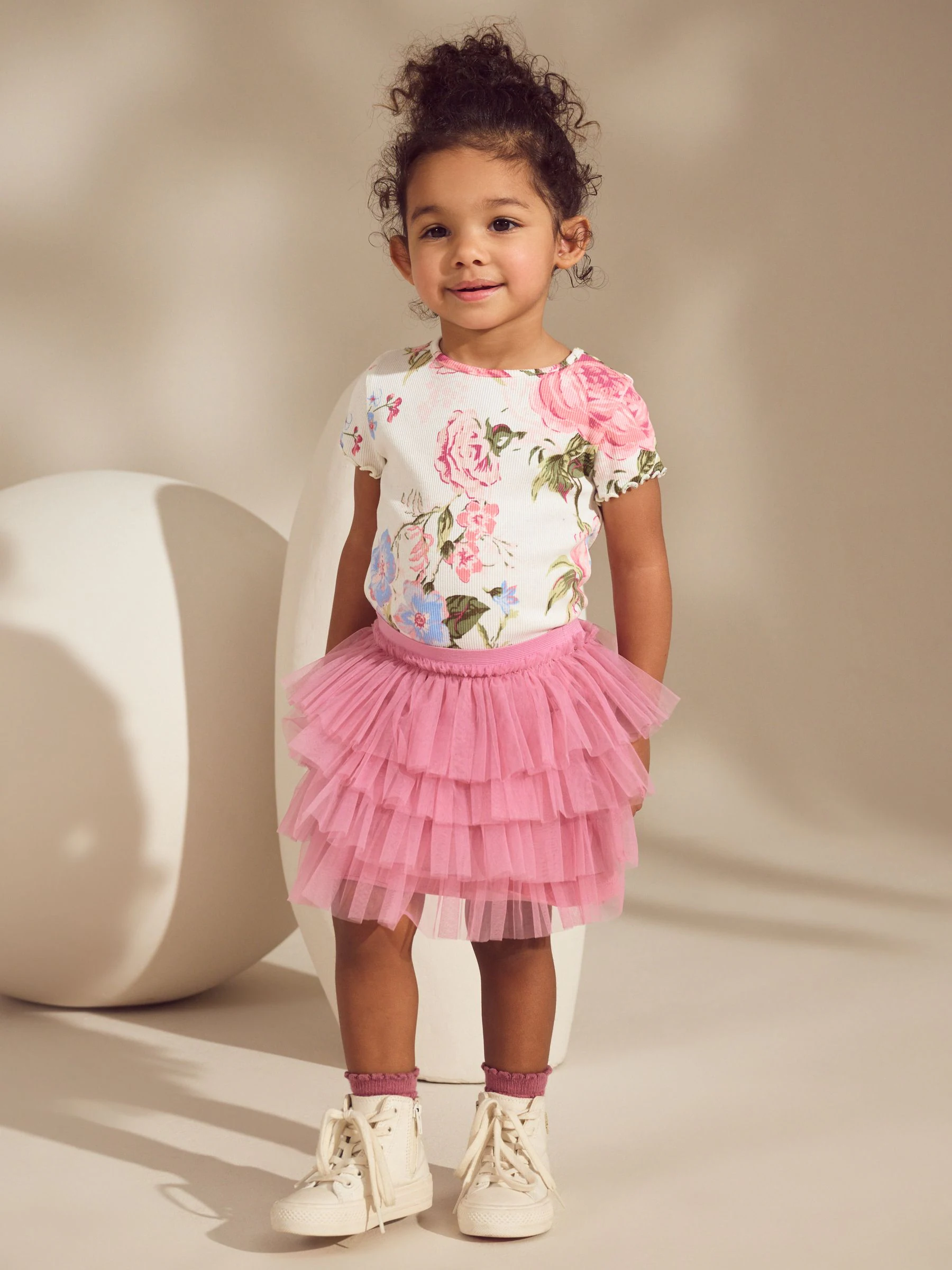 Roze bloemen - Geribbeld T-shirt en tutu-rok (3 mnd - 7 jr)
