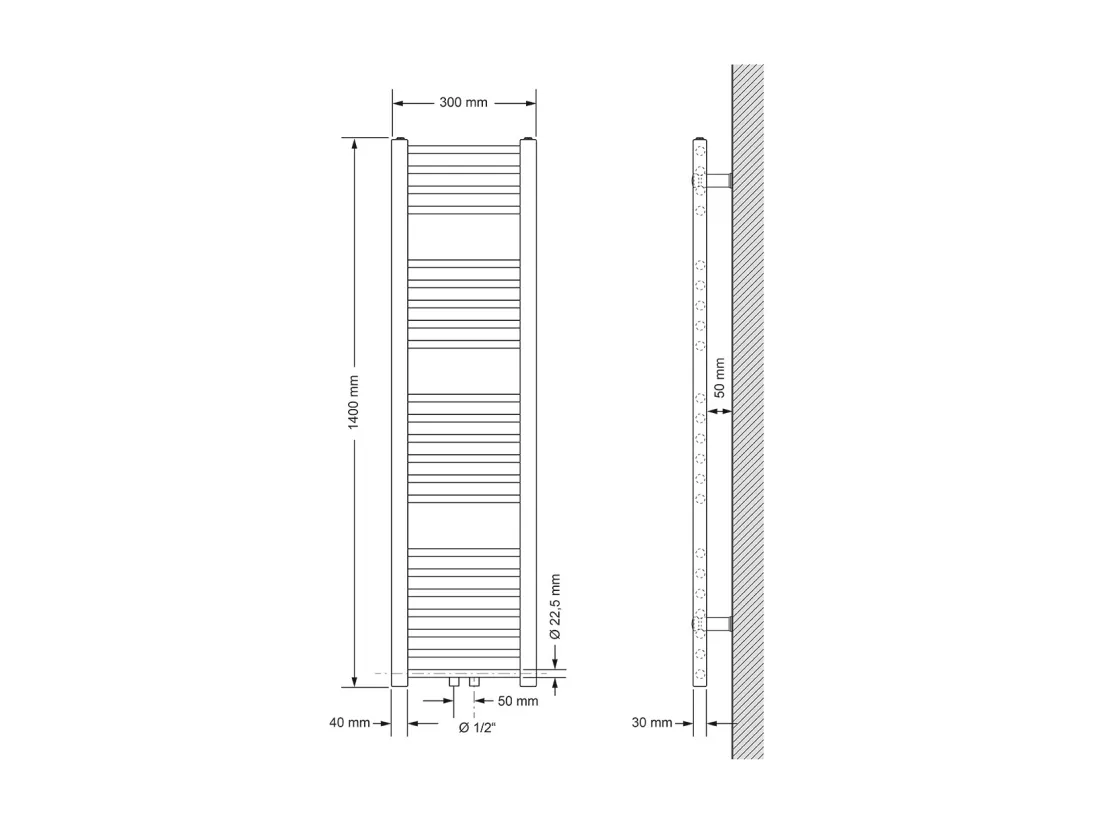 Radiateur sèche-serviette salle de bain droite blanc connexion central 30x140 cm