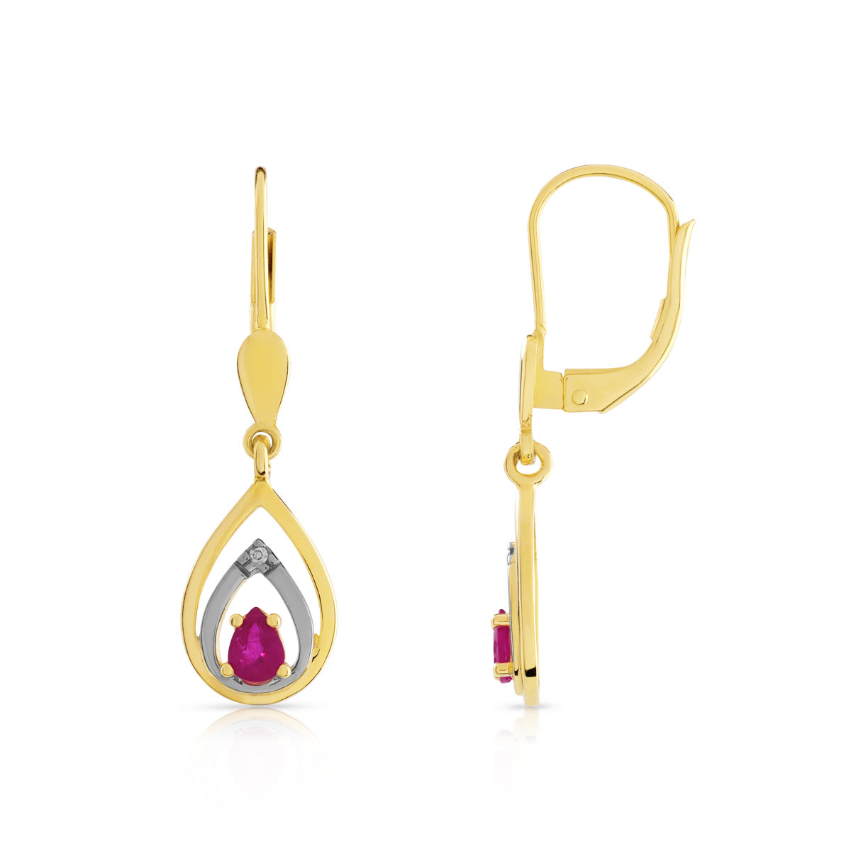 Boucles d'oreilles or 750 2 tons dormeuses rubis taille poire et diamants