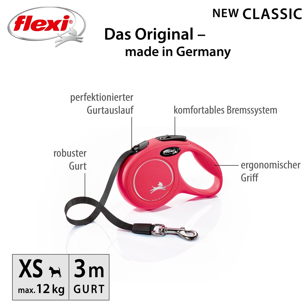 Flexi New Classic Gurt rot XS, 3 m, 12 kg