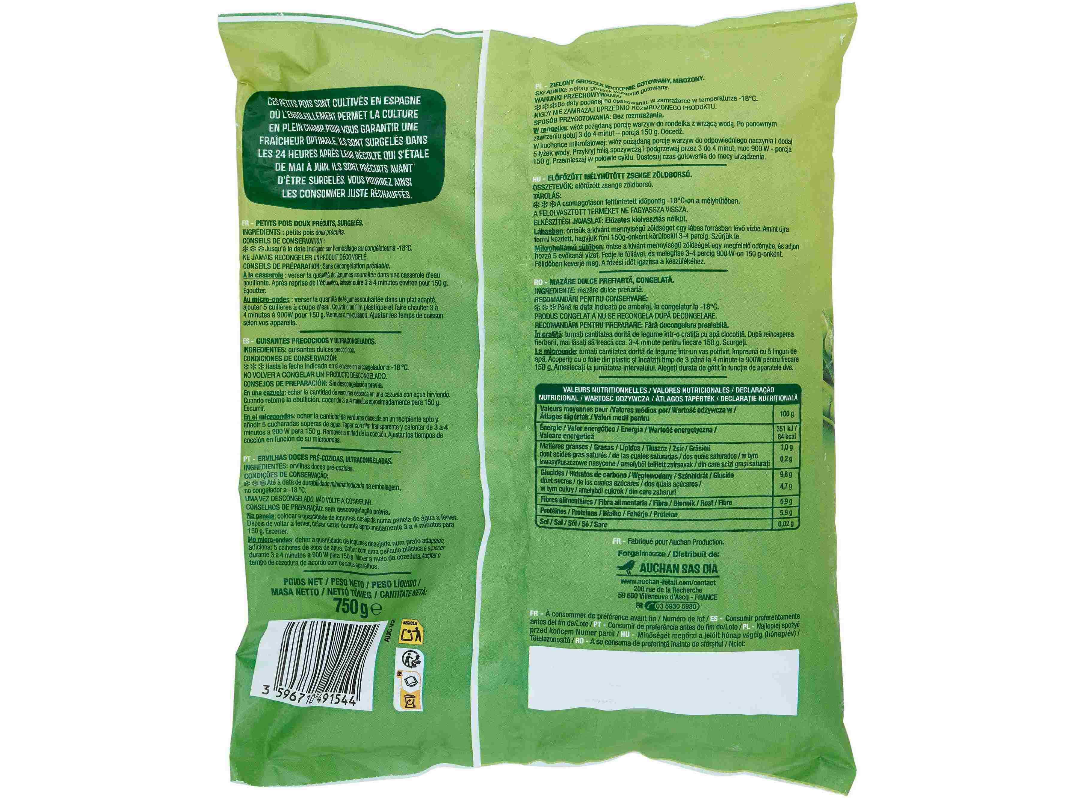 ERVILHAS AUCHAN COZIDAS 750G