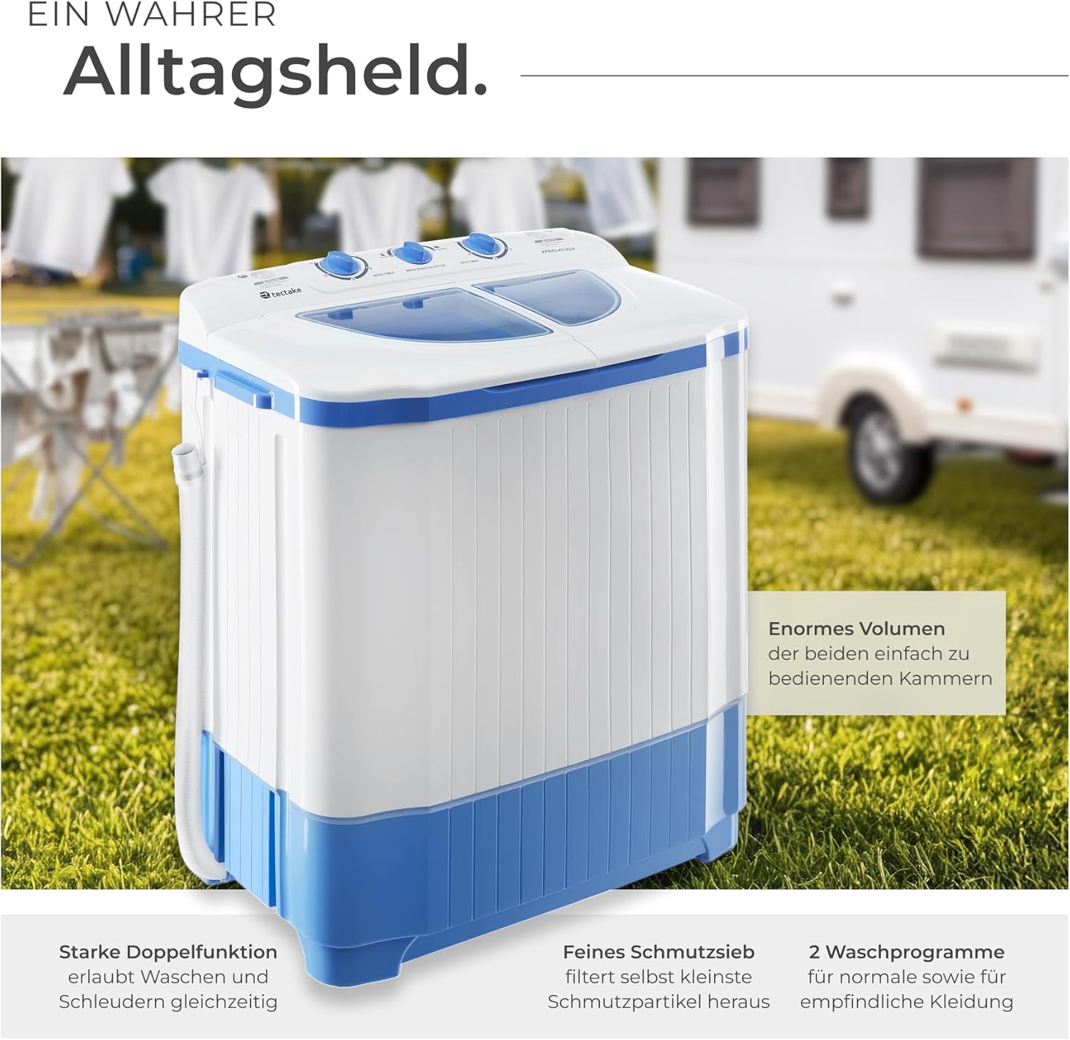 tectake® portable, mobile 4,5 kg Mini Waschmaschine + 3,5 kg Wäscheschleuder Kombination, Toplader für Camping und Reise, Toploader Reisewaschmaschine