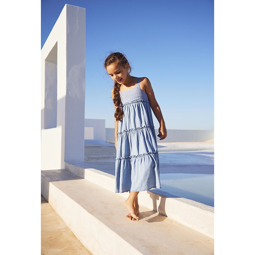 Robe longue en lyocell buste brodé pour fille - Bleu