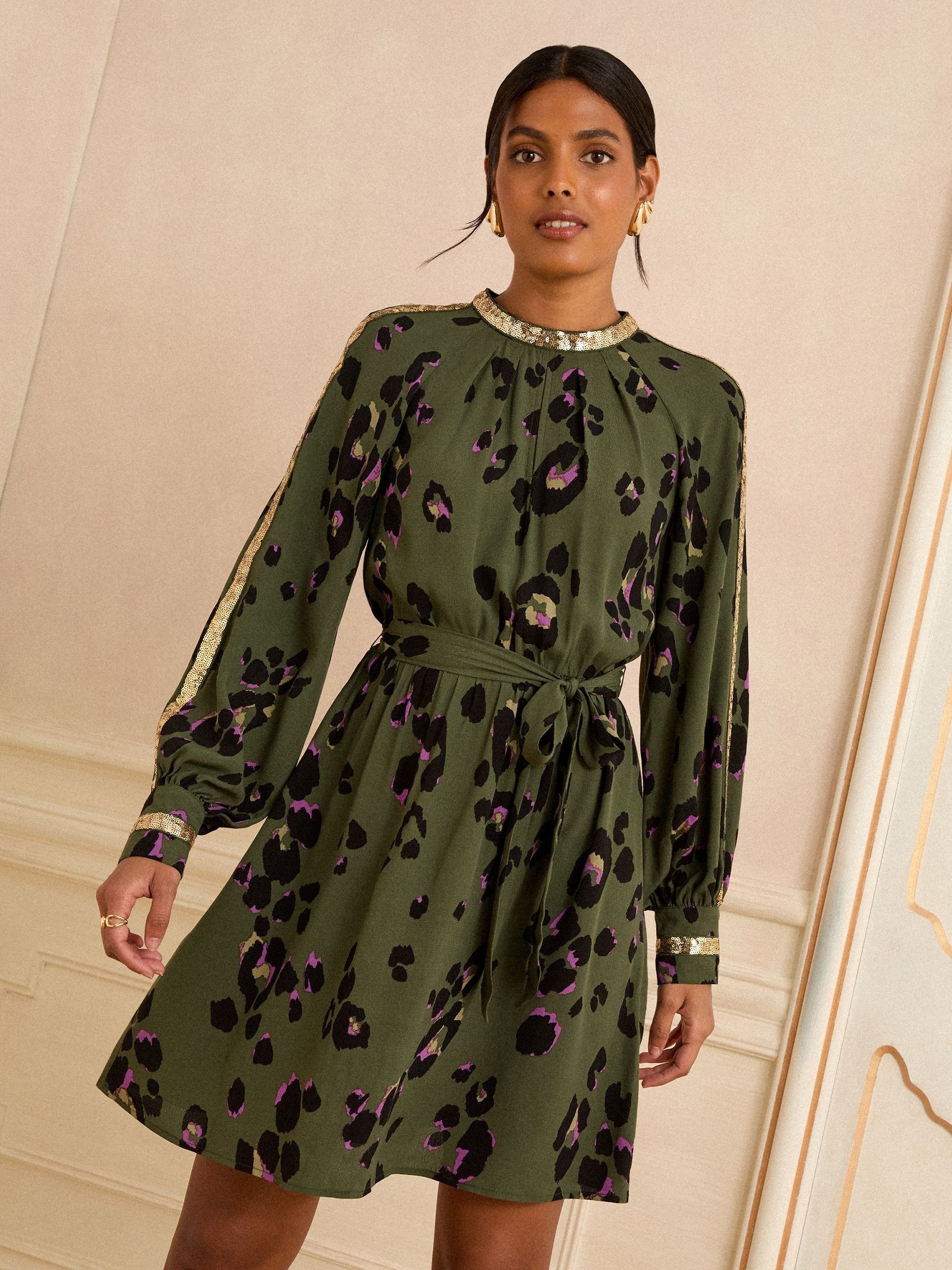Olijfgroen dierenprint - Love & Roses mini-jurk met lovertjes