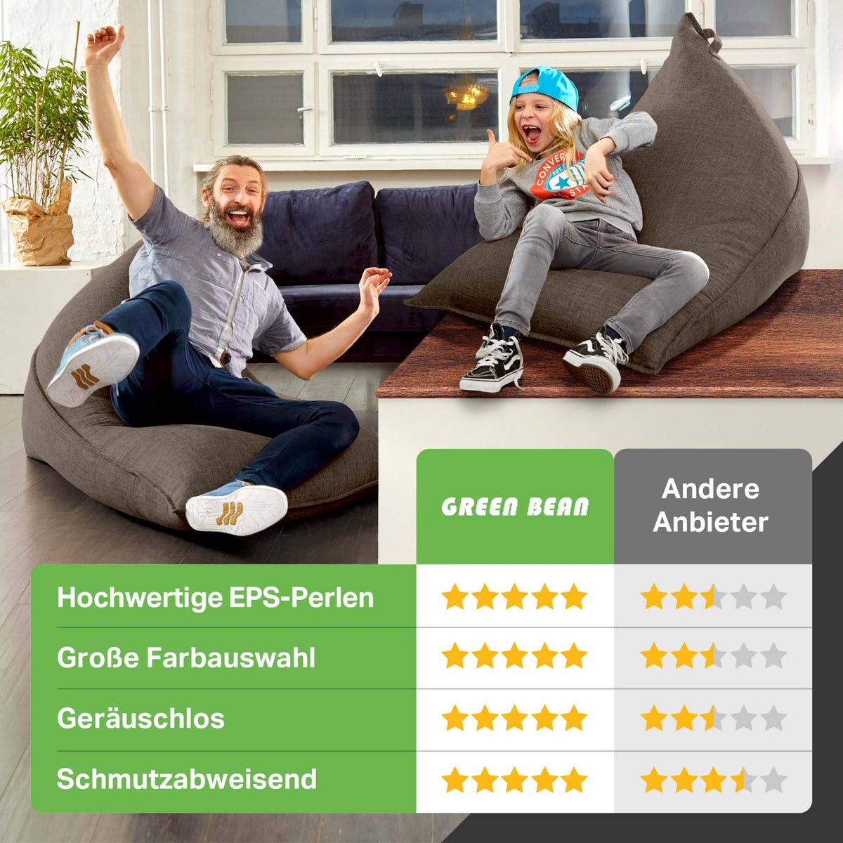 Green Bean Triangle Zitzak 150x100x100cm met 220 liter EPS-korrelvulling - Knuffelzacht en wasbaar - Binnenkussen van stof voor op de vloer, ligstoel en zitkussen - Bruin