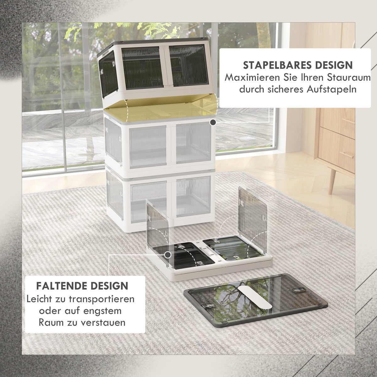 HOMCOM Opbergbox met wielen, opvouwbaar, 5-zijdig toegankelijk, 60L x 42B x 34H cm, kunststof, wit