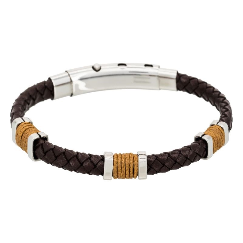 Bracelet Homme acier, cuir marron et corde camel 