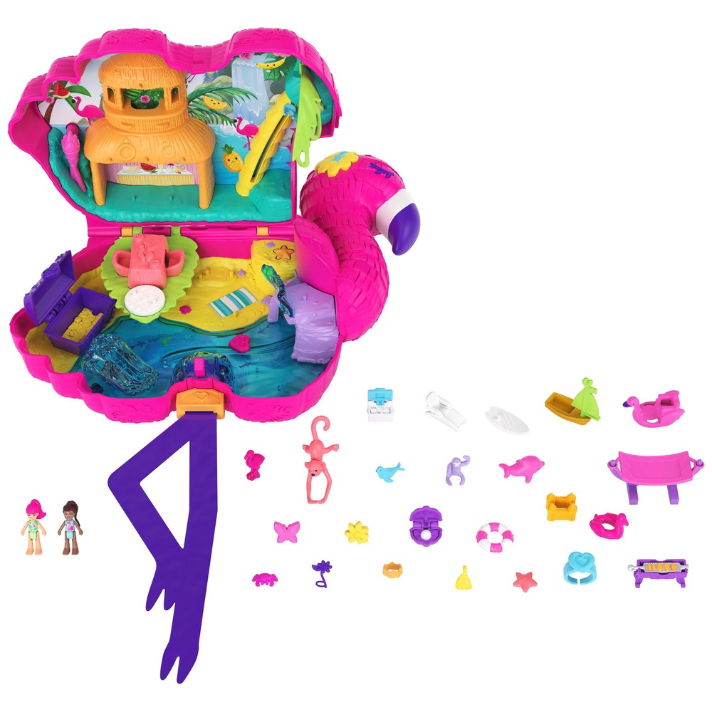 Polly Pocket Flamingo-Party-Spielset mit Mikropuppen und Zubehör